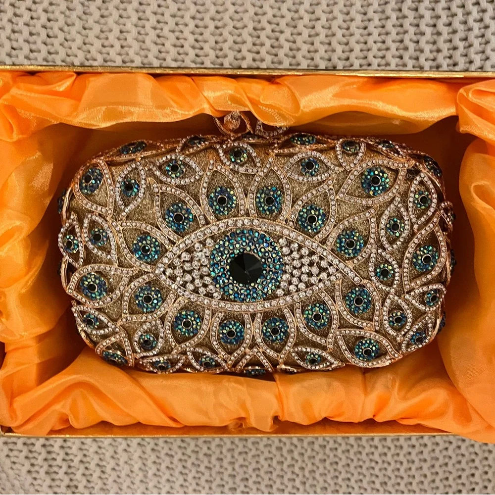Embellished Gold Peacock Eye Clutch